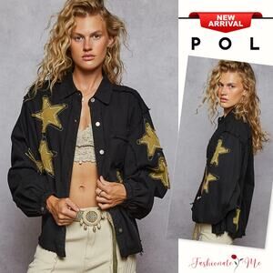 POL Star Patch Raw Hem Button Up Chest Pockets Oversized Denim Jacket | Black